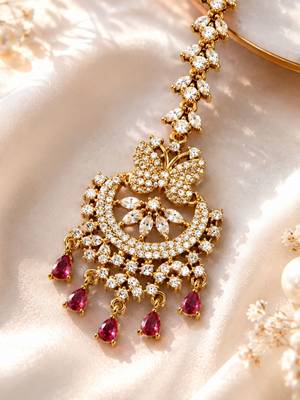 Mehendi gold oxidsed plated red american diamond maang tikka 4