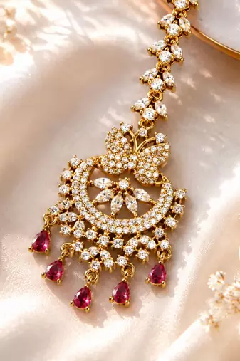 Mehendi gold oxidsed plated red american diamond maang tikka