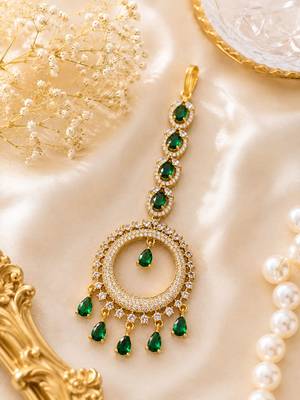 Mehendi gold oxidsed plated green american diamond maang tikka 2