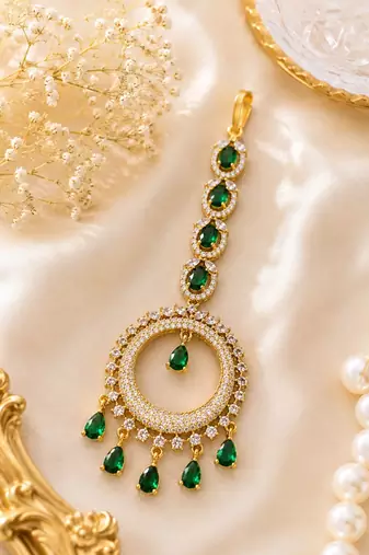 Mehendi gold oxidsed plated green american diamond maang tikka