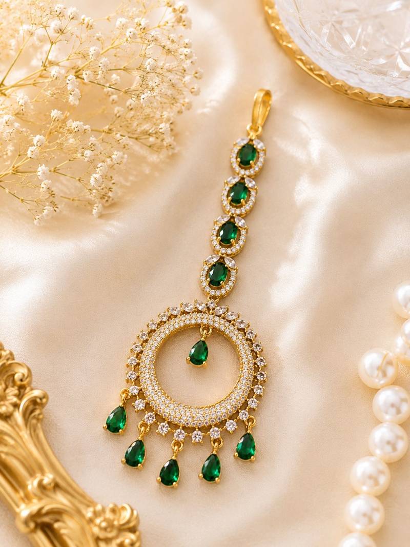 Mehendi gold oxidsed plated green american diamond maang tikka