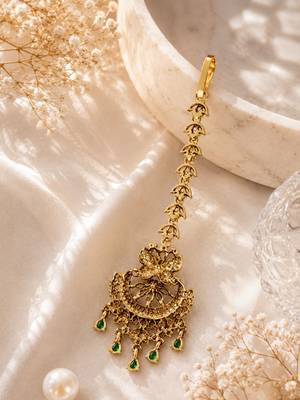 Mehendi gold oxidsed plated green american diamond maang tikka 5