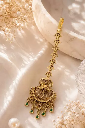Mehendi gold oxidsed plated green american diamond maang tikka