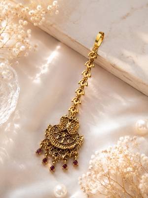 Mehendi gold oxidsed plated red american diamond maang tikka 5