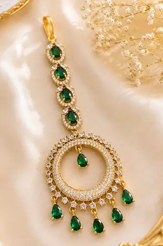 Mehendi gold oxidsed plated green american diamond maang tikka