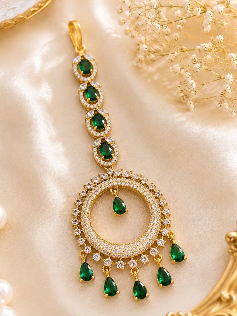 Mehendi gold oxidsed plated green american diamond maang tikka