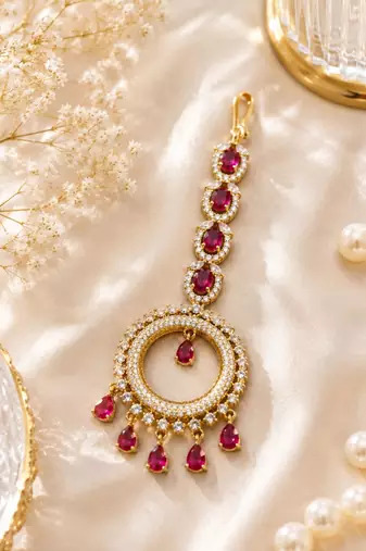 Mehendi gold oxidsed plated red american diamond maang tikka