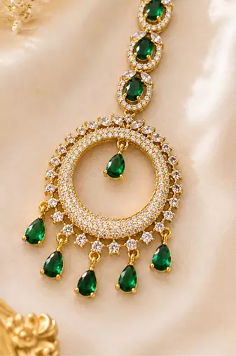 Mehendi gold oxidsed plated green american diamond maang tikka