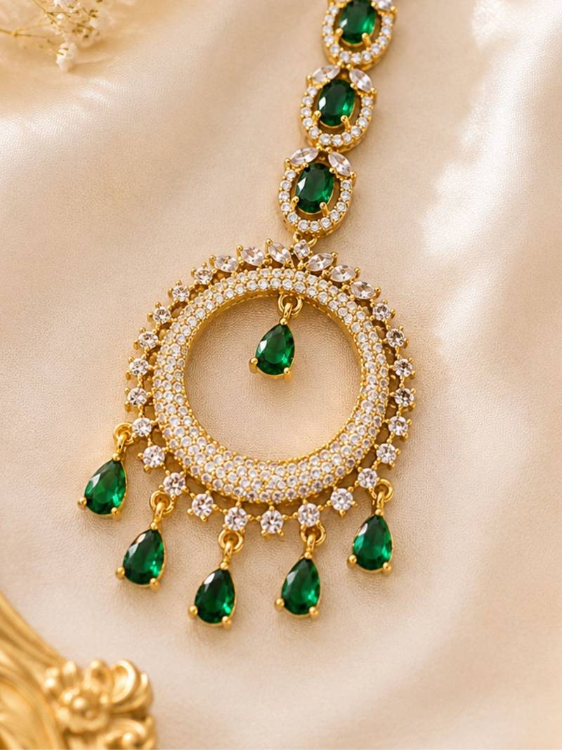 Mehendi gold oxidsed plated green american diamond maang tikka