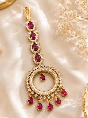 Mehendi gold oxidsed plated red american diamond maang tikka 3