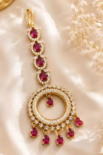 Mehendi gold oxidsed plated red american diamond maang tikka