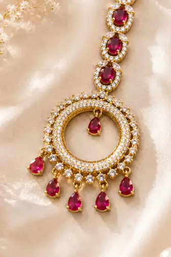 Mehendi gold oxidsed plated red american diamond maang tikka