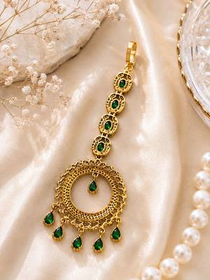 Mehendi gold oxidsed plated green american diamond maang tikka 5