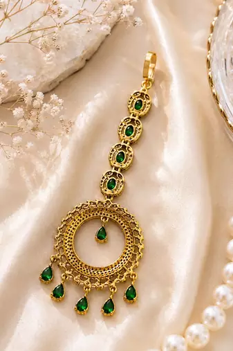 Mehendi gold oxidsed plated green american diamond maang tikka
