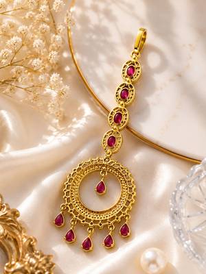 Mehendi gold oxidsed plated red american diamond maang tikka 5