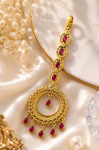 Mehendi gold oxidsed plated red american diamond maang tikka