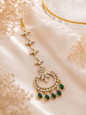 Mehendi gold oxidsed plated green american diamond maang tikka 2