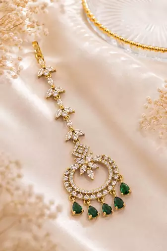 Mehendi gold oxidsed plated green american diamond maang tikka