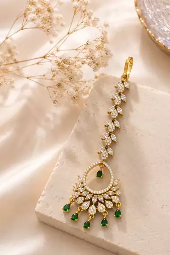 Mehendi gold oxidsed plated green american diamond maang tikka