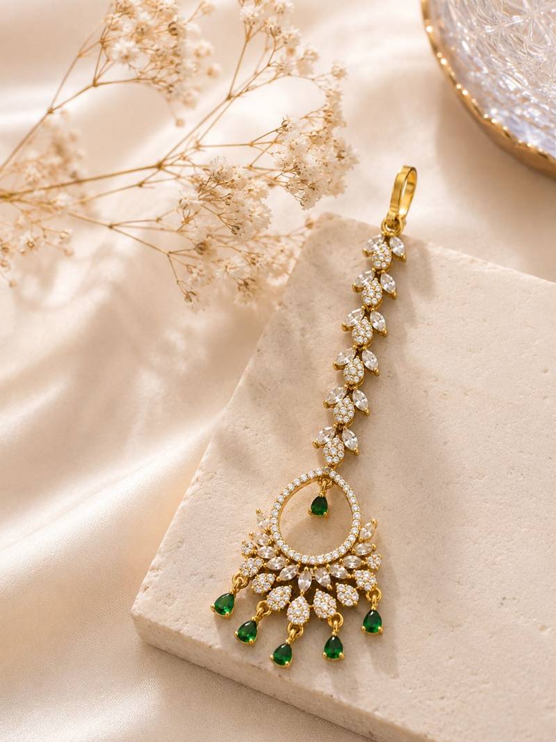 Mehendi gold oxidsed plated green american diamond maang tikka
