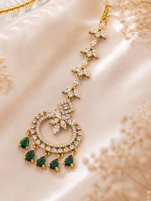 Mehendi gold oxidsed plated green american diamond maang tikka 3