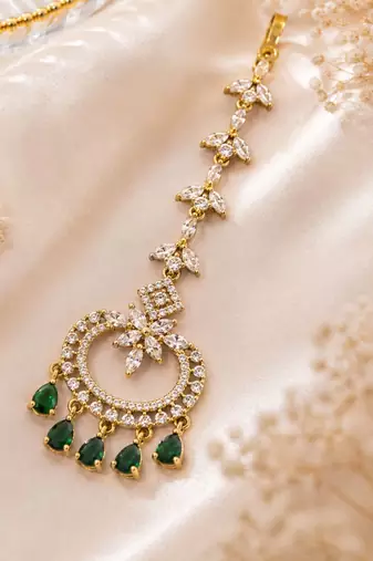Mehendi gold oxidsed plated green american diamond maang tikka