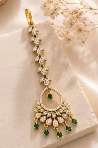 Mehendi gold oxidsed plated green american diamond maang tikka