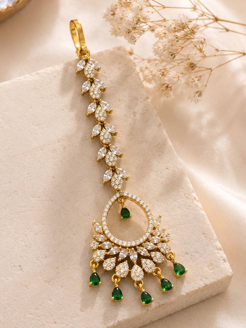 Mehendi gold oxidsed plated green american diamond maang tikka