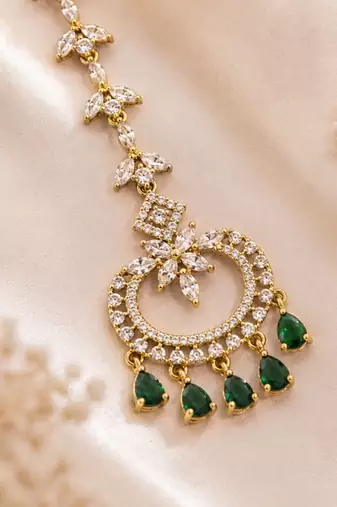 Mehendi gold oxidsed plated green american diamond maang tikka