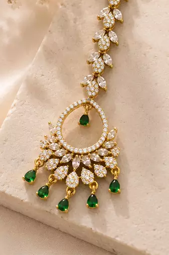 Mehendi gold oxidsed plated green american diamond maang tikka