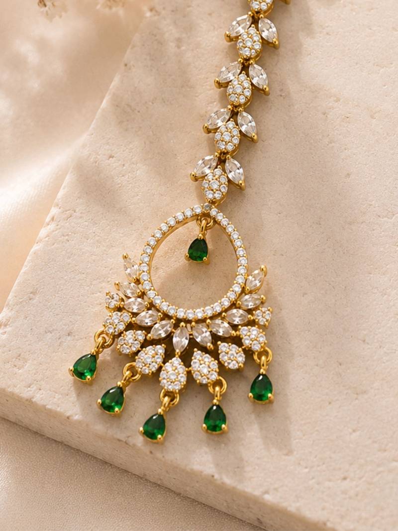 Mehendi gold oxidsed plated green american diamond maang tikka