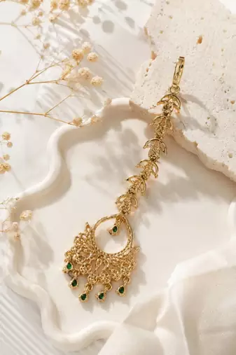 Mehendi gold oxidsed plated green american diamond maang tikka