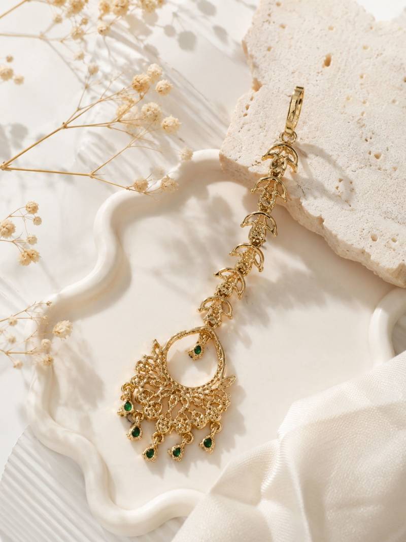Mehendi gold oxidsed plated green american diamond maang tikka