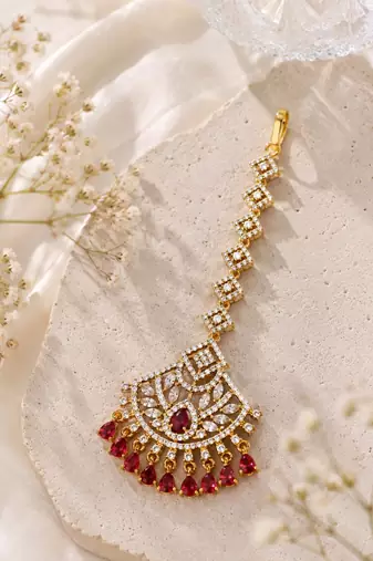 Mehendi gold oxidsed plated red american diamond maang tikka