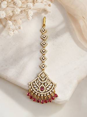 Mehendi gold oxidsed plated red american diamond maang tikka 3