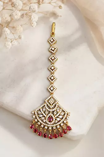 Mehendi gold oxidsed plated red american diamond maang tikka