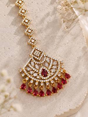 Mehendi gold oxidsed plated red american diamond maang tikka 4