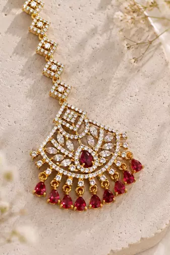Mehendi gold oxidsed plated red american diamond maang tikka