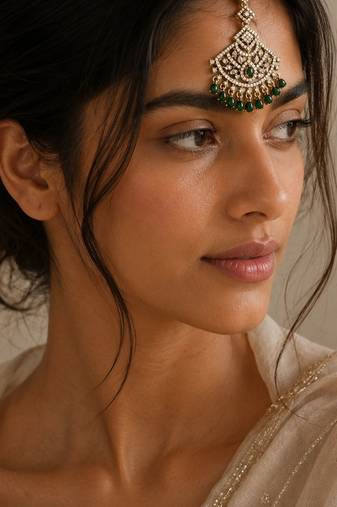 Mehendi gold oxidsed plated green american diamond maang tikka