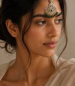 Mehendi gold oxidsed plated green american diamond maang tikka