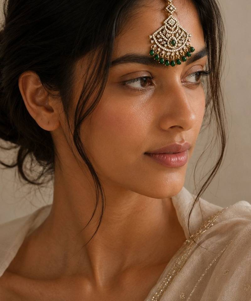 Mehendi gold oxidsed plated green american diamond maang tikka