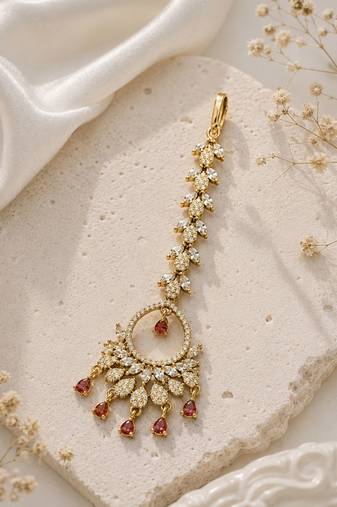 Mehendi gold oxidsed plated red american diamond maang tikka