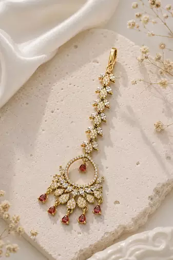 Mehendi gold oxidsed plated red american diamond maang tikka