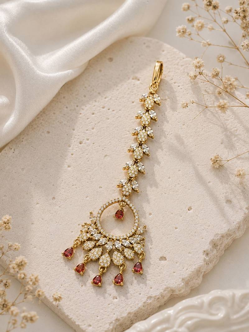 Mehendi gold oxidsed plated red american diamond maang tikka