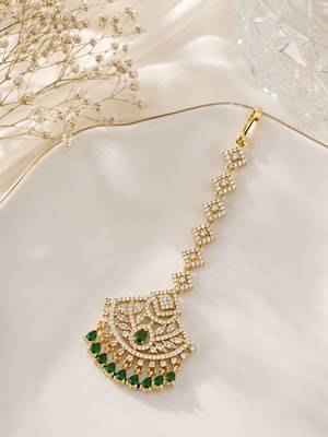 Mehendi gold oxidsed plated green american diamond maang tikka 2