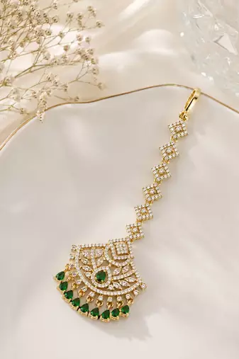 Mehendi gold oxidsed plated green american diamond maang tikka
