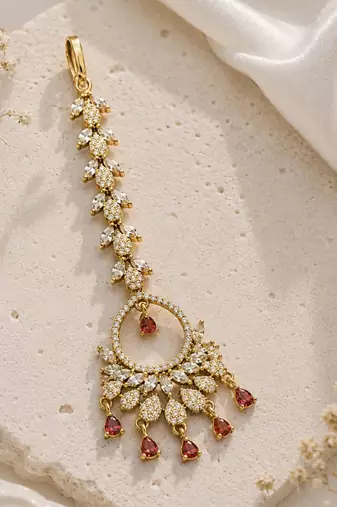Mehendi gold oxidsed plated red american diamond maang tikka