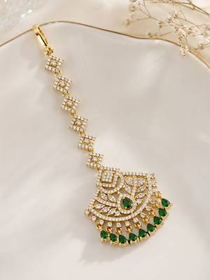 Mehendi gold oxidsed plated green american diamond maang tikka 3