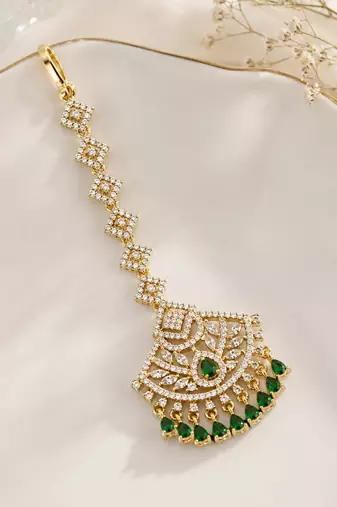 Mehendi gold oxidsed plated green american diamond maang tikka