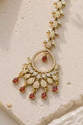 Mehendi gold oxidsed plated red american diamond maang tikka